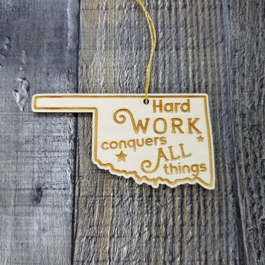 Oklahoma Wood Ornament - OK State Shape with State Motto - Handmade Wood Ornament Made in USA Christmas Decor