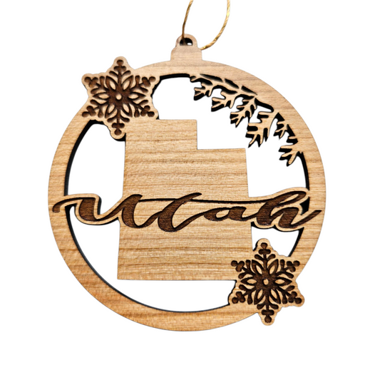 Utah Wood Ornament - State Shape with Snowflakes UT Cutout - 15409