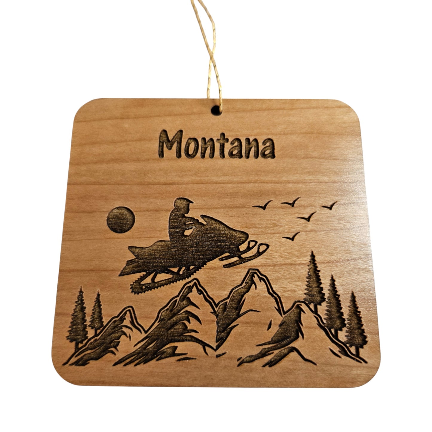 Montana Snowmobile Mountains Ornament Handmade Wood Souvenir - 15803