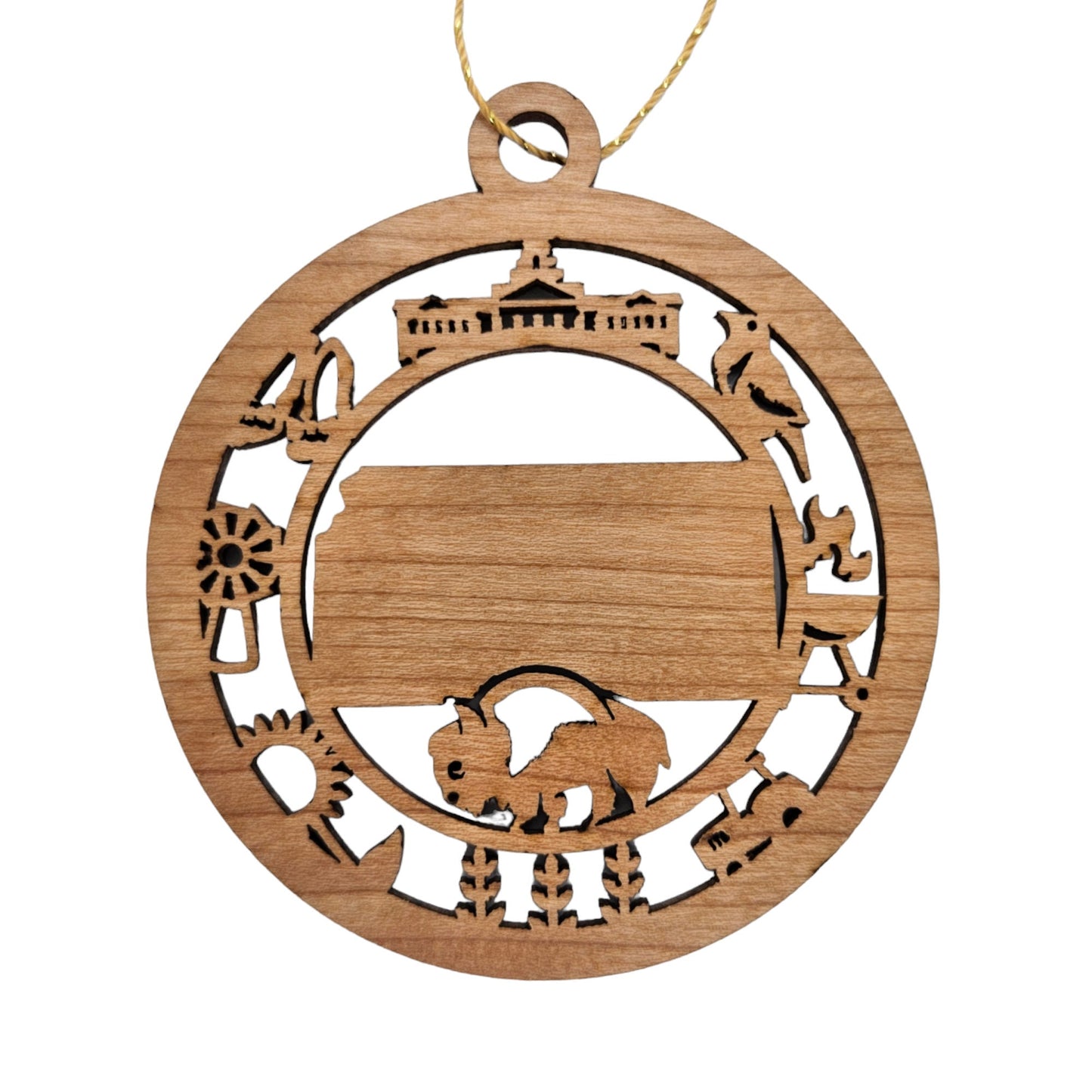 Kansas Wood Ornament - KS Souvenir Handmade Wood Ornament Made in USA - State Shape - State Capitol - Western Meadowlark - Grill - Tractor