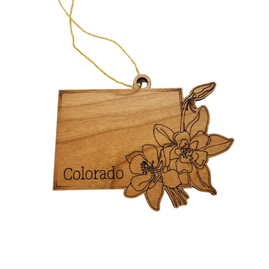 Colorado Wood Ornament - CO State Shape with State Flowers Colorado Blue Colulmbine - Handmade Wood Ornament Made in USA Christmas Decor