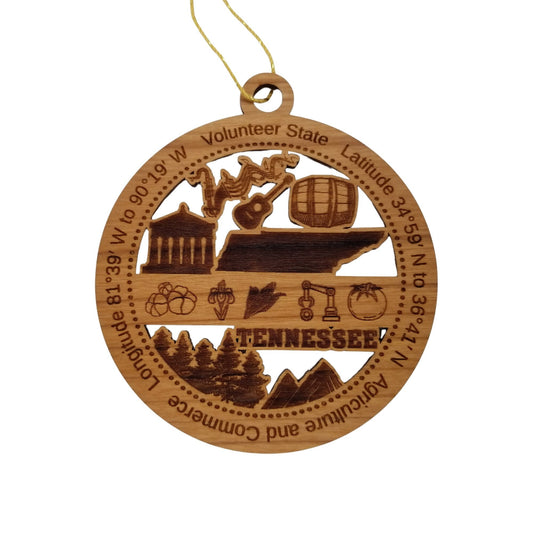 Tennessee Wood Ornament - TN Souvenir - Handmade Wood Ornament Made in USA State Shape Barrel Guitar Music Trees Mountains