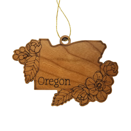 Oregon Wood Ornament - OR State Shape with State Flowers Cutout - Handmade Wood Ornament Made in USA Christmas Decor