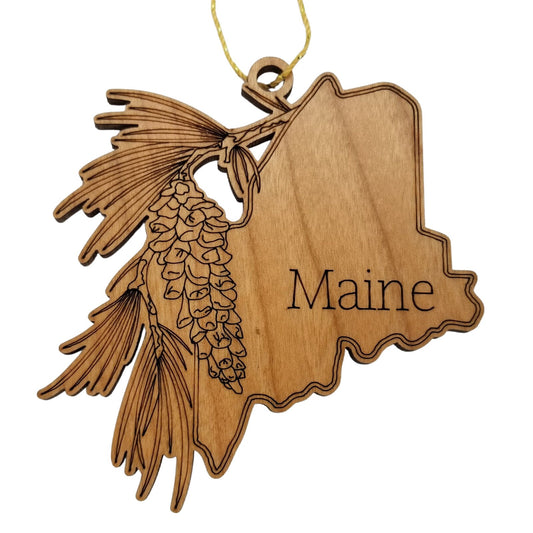Maine Wood Ornament - ME State Shape with State Flowers White Pine Cone - Handmade Wood Ornament Made in USA Christmas Decor