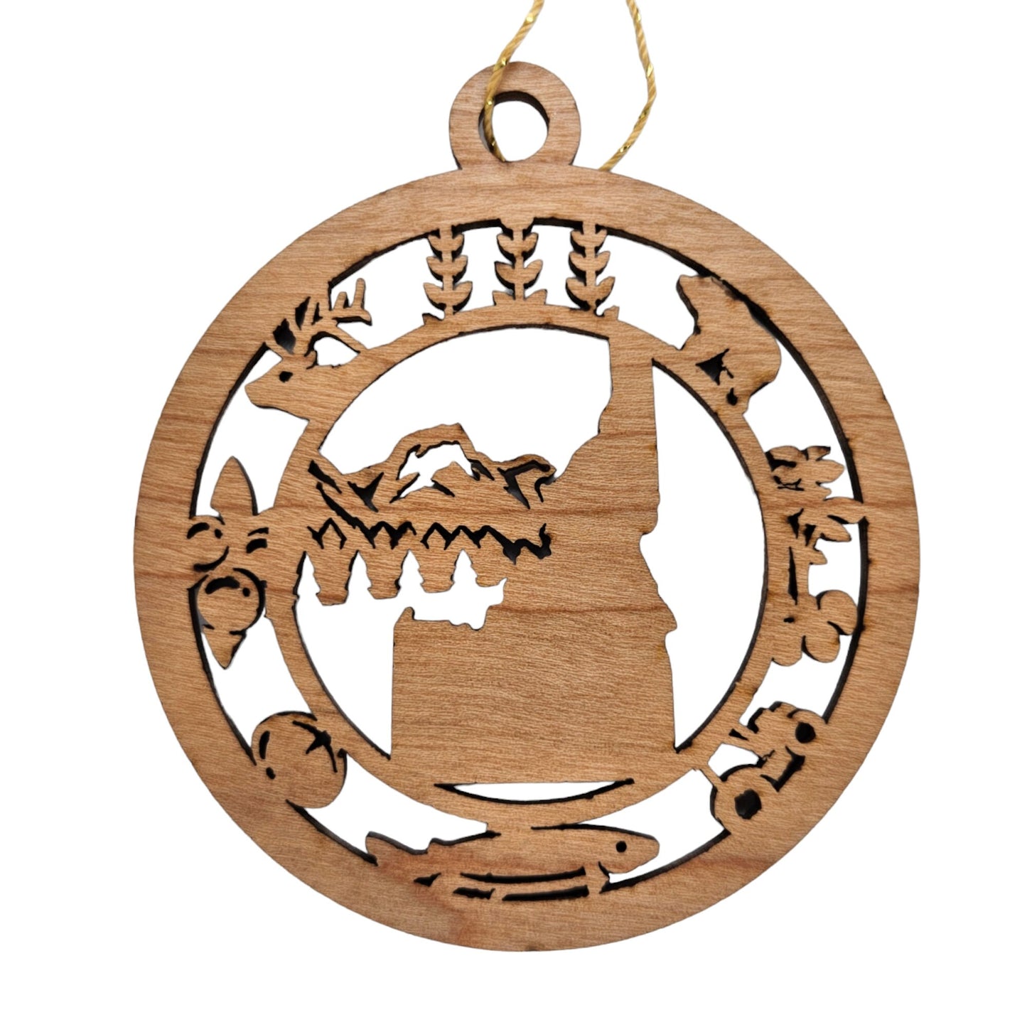 Idaho Wood Ornament - ID Souvenir - Handmade Wood Ornament Made in USA State Shape Wheat Bear Potato Plant Tractor Trout