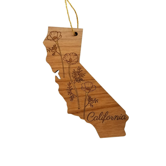 California Wood Ornament - State Shape with State Flowers Poppies CA - Handmade Wood Ornament Made in USA Christmas Decor