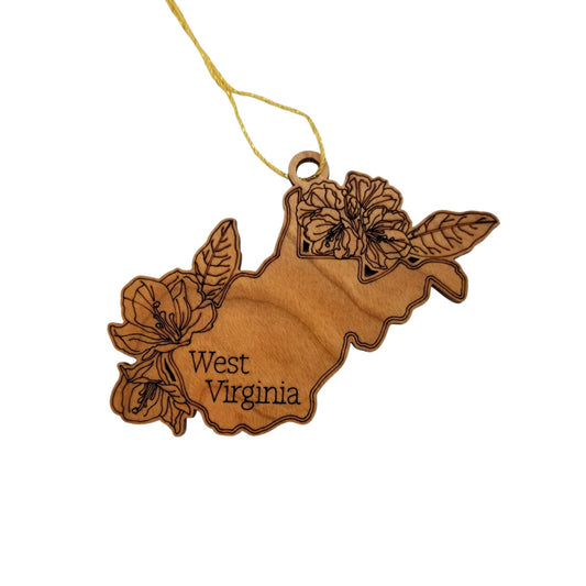 West Virginia Wood Ornament - WV State Shape with State Flowers Rhododendron - Handmade Wood Ornament Made in USA Christmas Decor