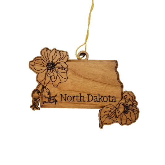 North Dakota Wood Ornament - State Shape with State Flowers Prairie Rose ND - Handmade Wood Ornament Made in USA Christmas Decor