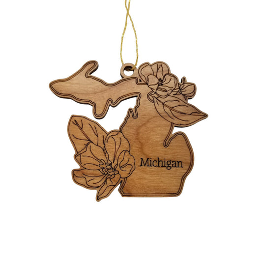 Michigan Wood Ornament - MI State Shape with State Flowers Apple Blossoms - Handmade Wood Ornament Made in USA Christmas Decor