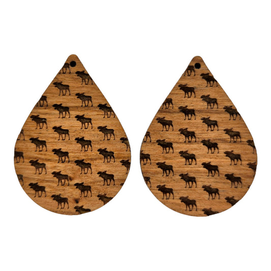 Wood Earrings - Moose Pattern Engraved Teardrop Dangle Earrings - Walking Moose - D36
