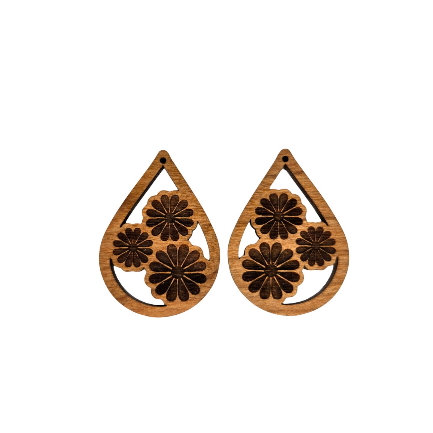 Wood Dangle Earrings - Cutout Teardrop Floral Engraved Trio - D72