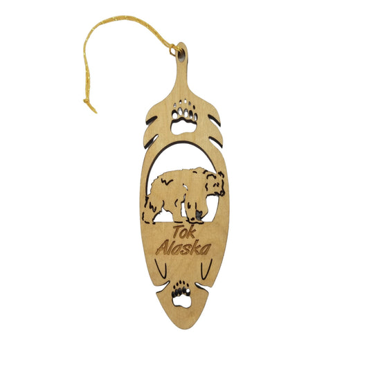 Tok Alaska Bear Christmas Ornament Wood Laser Cut Handmade in USA Souvenir Memento Feather 5.375" Travel Gift Leaf
