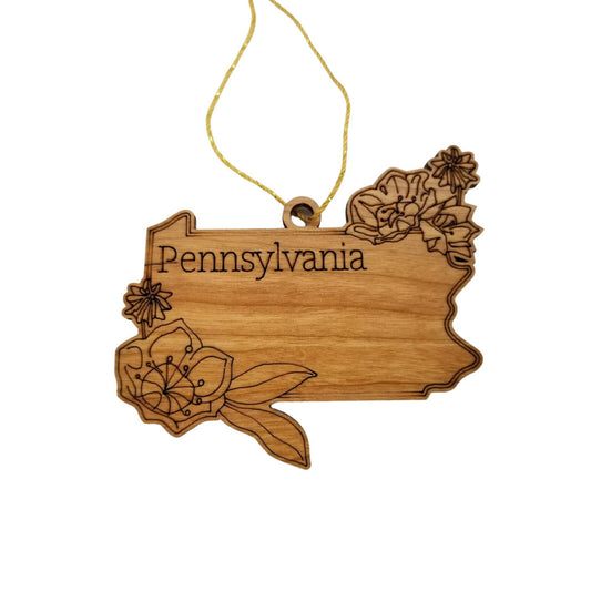 Pennsylvania Wood Ornament - State Shape with State Flowers Mountain Laurels PA - Handmade Wood Ornament Made in USA Christmas Decor