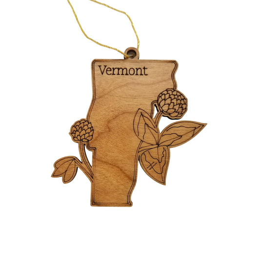 Vermont Wood Ornament - State Shape with State Flowers Red Clover VT - Handmade Wood Ornament Made in USA Christmas Decor