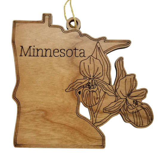 Minnesota Wood Ornament - State Shape with State Flowers Showy Ladys Slippers MN - Handmade Wood Ornament Made in USA Christmas Decor
