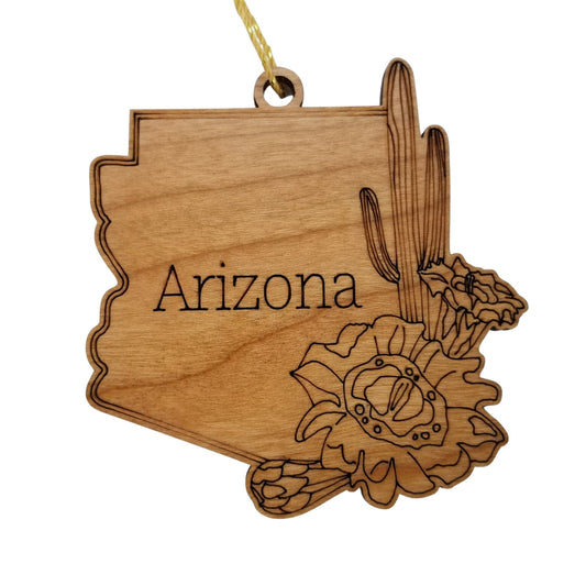 Arizona Wood Ornament - AZ State Shape with State Flowers Saguaro Cactus Blossoms - Handmade Wood Ornament Made in USA Christmas Decor