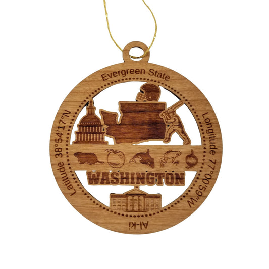 Washington Wood Ornament - WA Souvenir - Handmade Wood Ornament Made in USA State Shape Football Helmet Baseball Player Beaver Apple Orca