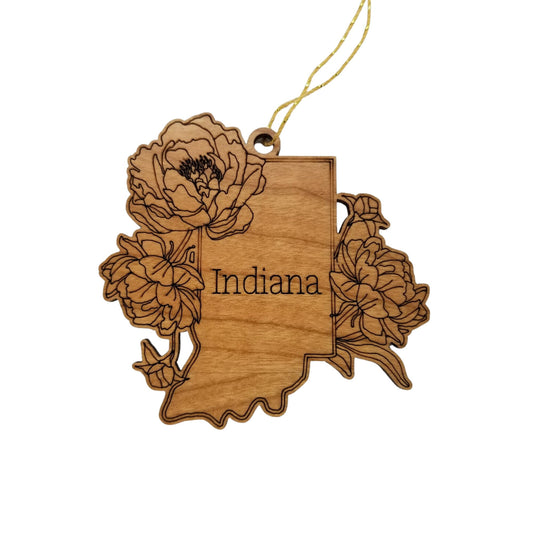 Indiana Wood Ornament - IN State Shape with State Flowers Cutout - Handmade Wood Ornament Made in USA Christmas Decor