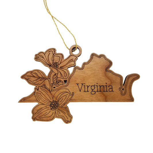 Virginia Wood Ornament - VA State Shape with State Flowers Cutout - Handmade Wood Ornament Made in USA Christmas Decor