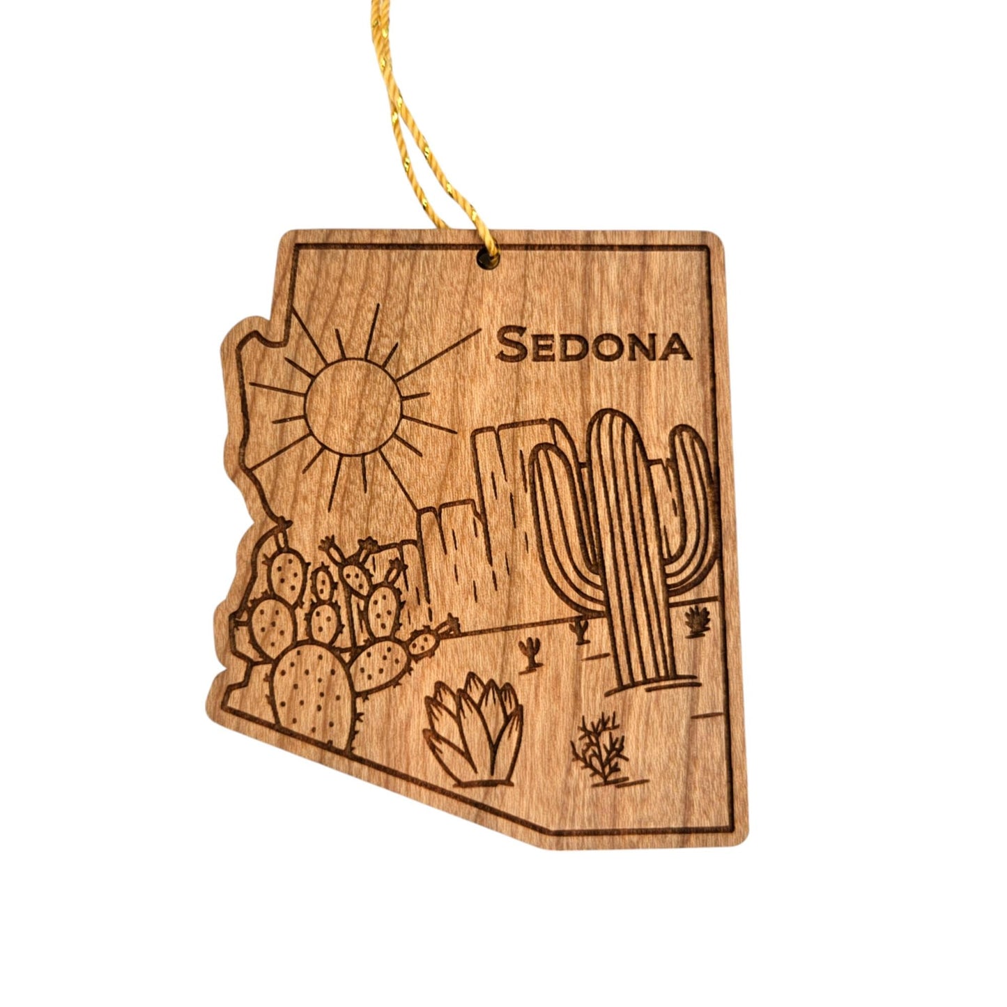 Sedona Arizona Ornament - Cactus Cacti Sun Rock Formations Handmade Wood Ornament - AZ State Shape Souvenir - Christmas Travel Gift