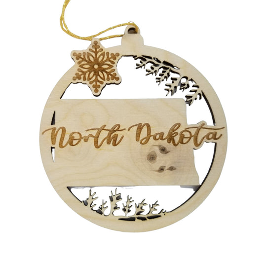 North Dakota Wood Ornament - ND State Shape with Snowflakes Cutout - Handmade Wood Ornament Made in USA Christmas Decor