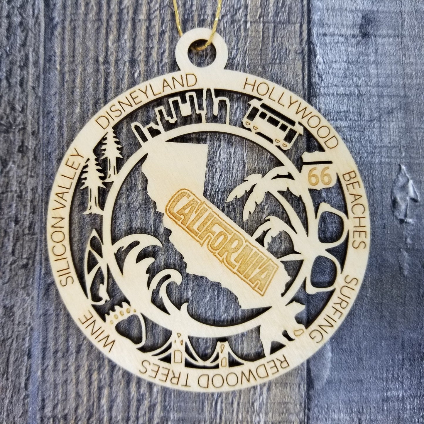 California Wood Ornament - CA State Shape with CA Icons Collage - Handmade Wood Ornament Made in USA Christmas Decor