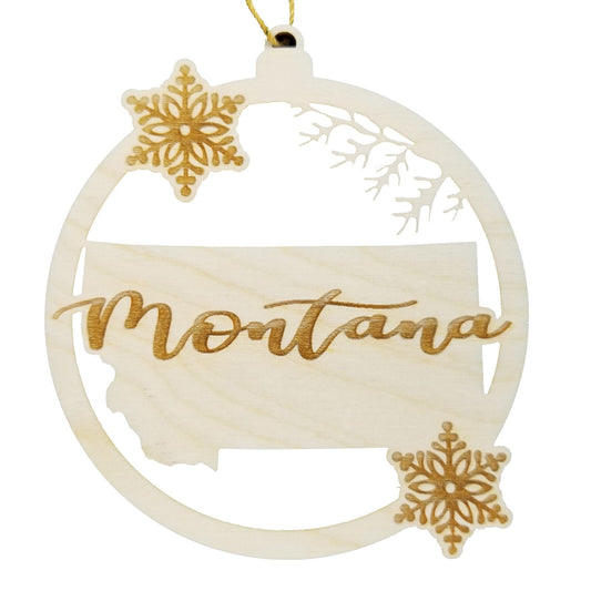 Montana Ornament - State Shape with Snowflakes Cutout MT - Handmade Wood Souvenir - 15433