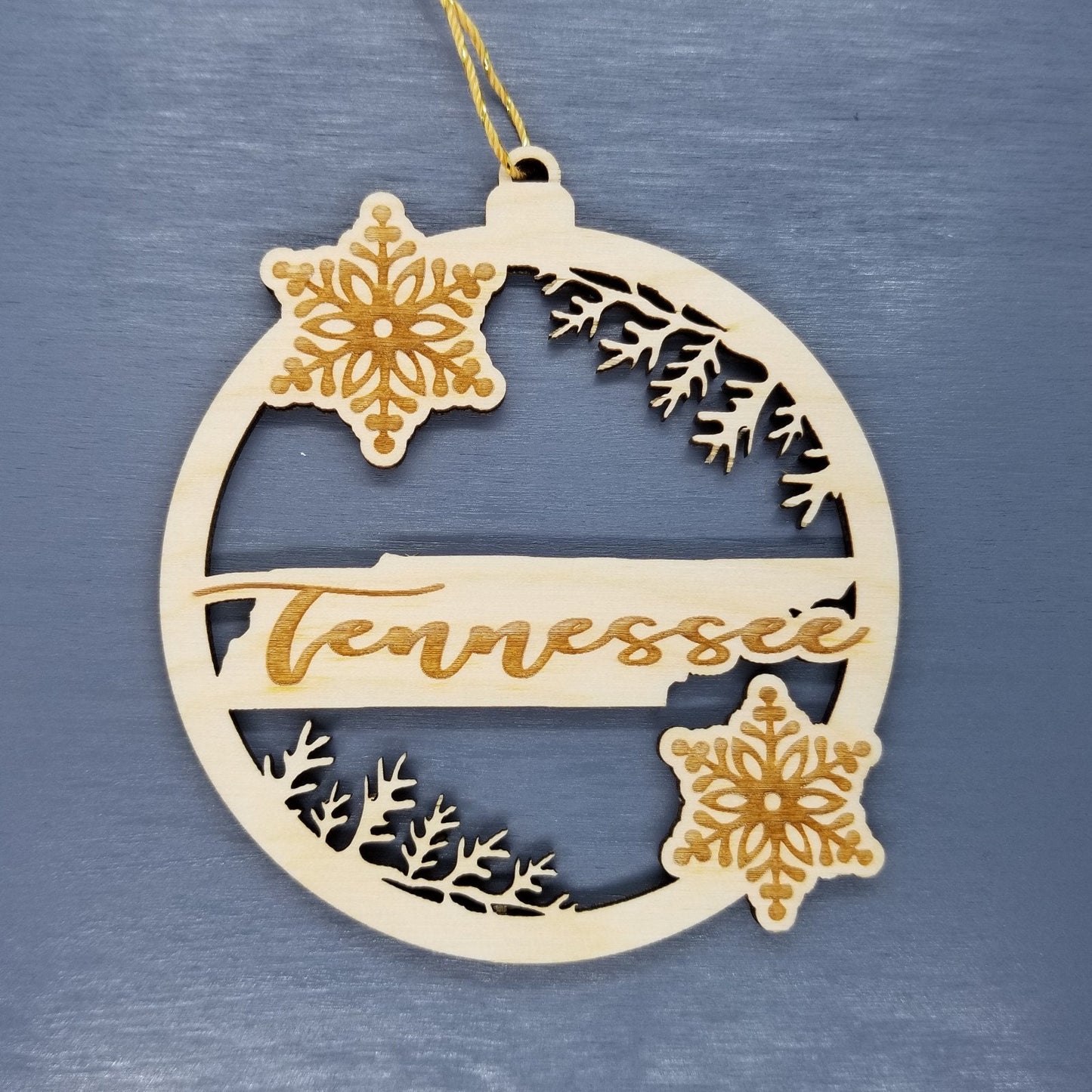 Tennessee Wood Ornament - TN State Shape with Snowflakes Cutout - Handmade Wood Ornament Made in USA Christmas Decor