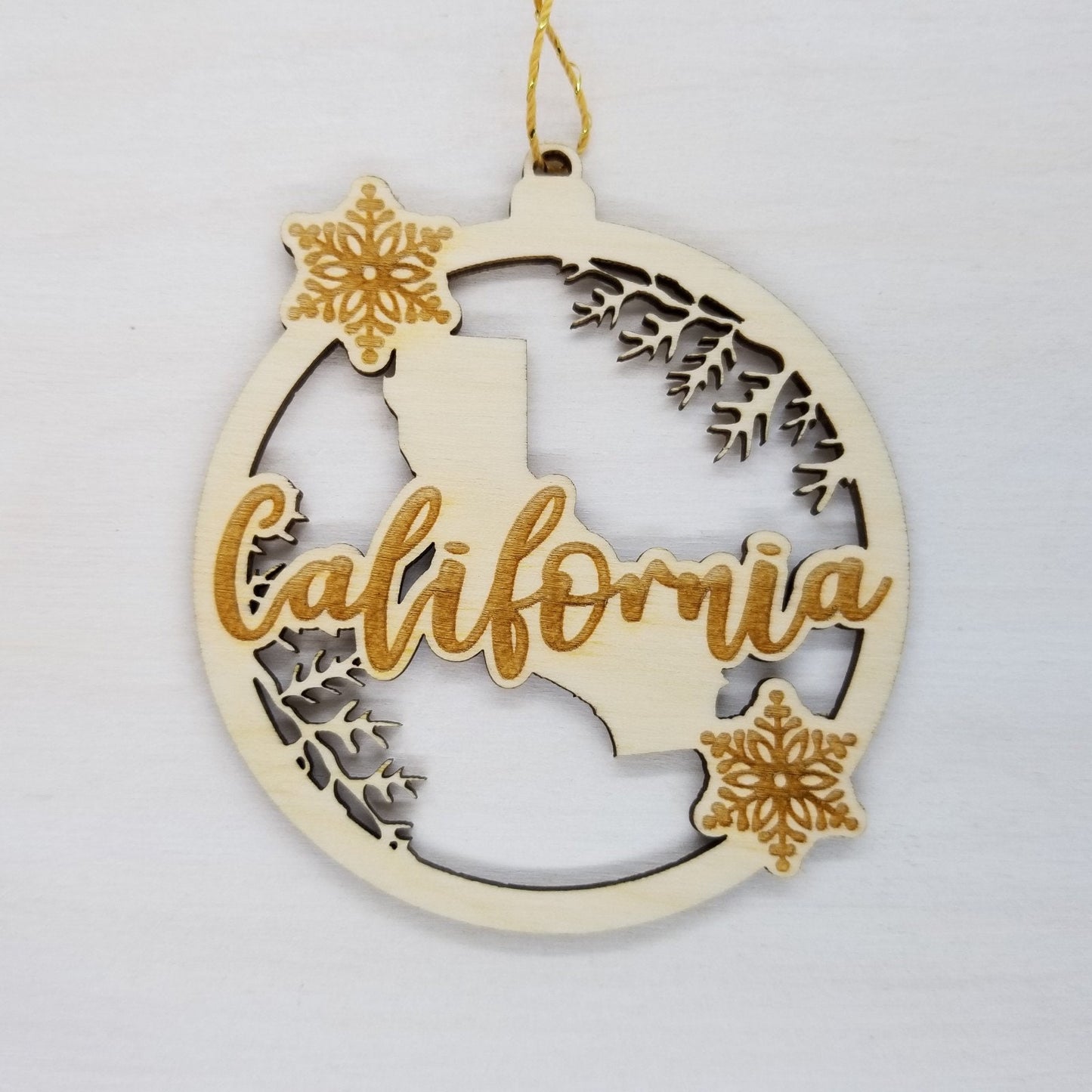 California Wood Ornament - CA State Shape with Snowflakes Cutout - Handmade Wood Ornament Made in USA Christmas Decor