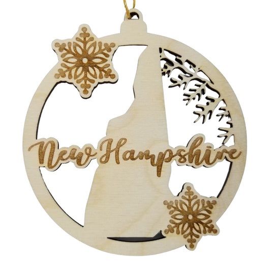 New Hampshire Wood Ornament - NH State Shape with Snowflakes Cutout - Handmade Wood Ornament Made in USA Christmas Decor