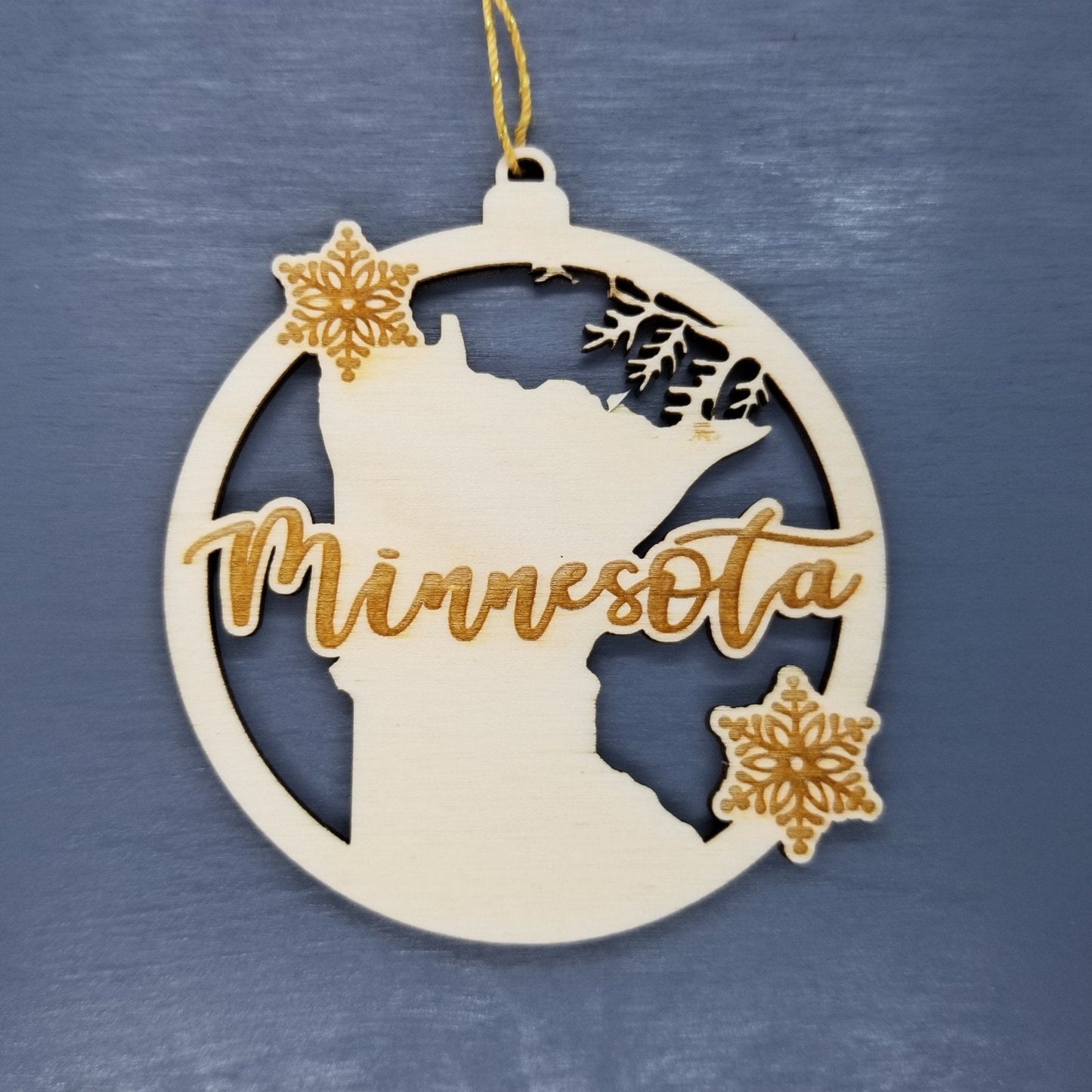 Minnesota Wood Ornament - MN State Shape with Snowflakes Cutout - Handmade in USA - 15398