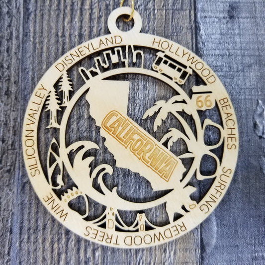 California Wood Ornament - CA State Shape with CA Icons Collage - Handmade Wood Ornament Made in USA Christmas Decor