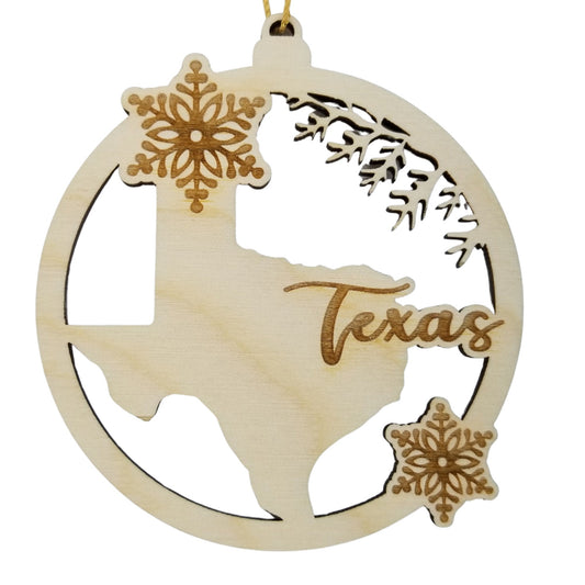 Texas Wood Ornament - TX State Shape with Snowflakes Cutout - Handmade Wood Ornament Made in USA Christmas Decor