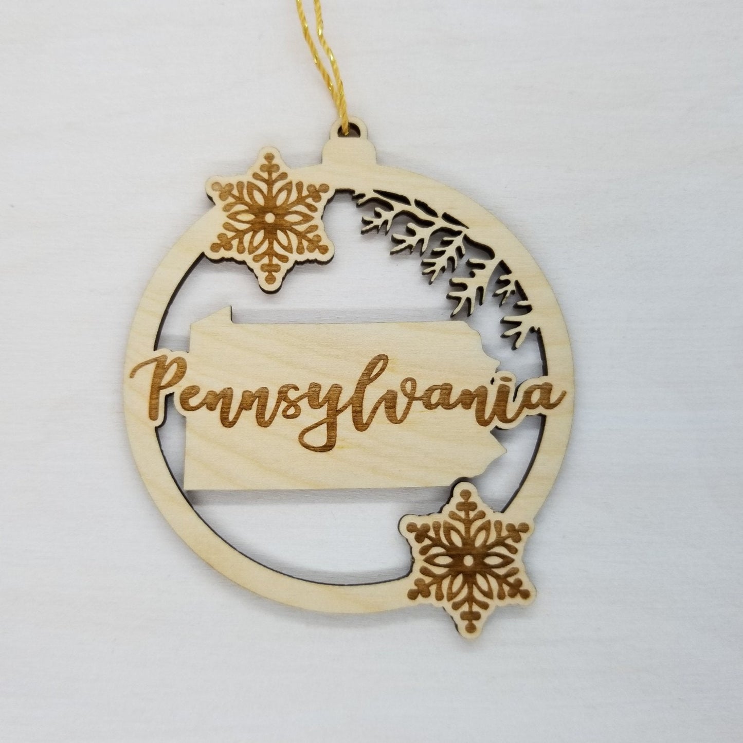 Pennsylvania Wood Ornament - PA State Shape with Snowflakes Cutout - Handmade Wood Ornament Made in USA Christmas Decor