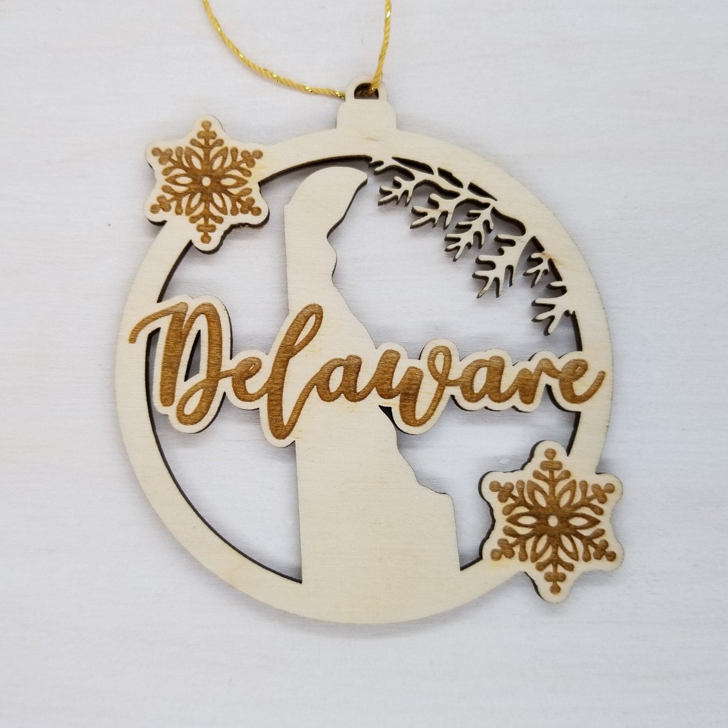 Delaware Wood Ornament - DE State Shape with Snowflakes Cutout - Handmade Wood Ornament Made in USA Christmas Decor