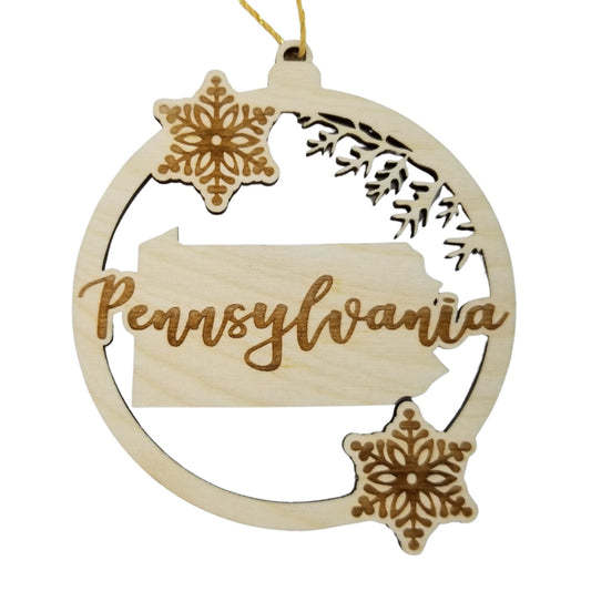 Pennsylvania Wood Ornament - PA State Shape with Snowflakes Cutout - Handmade Wood Ornament Made in USA Christmas Decor