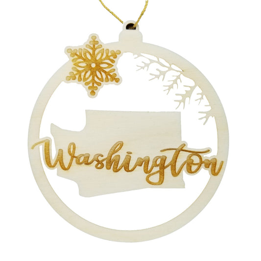 Washington Wood Ornament - WA State Shape with Snowflakes Cutout - Handmade Made in USA Christmas Decor