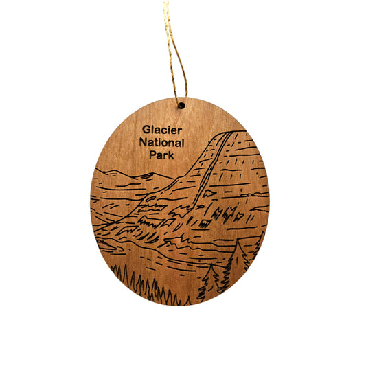 Glacier National Park Ornament - Kintla Lake Mountains Trees - Handmade Wood Line Drawing - Montana Souvenir Christmas Travel Gift