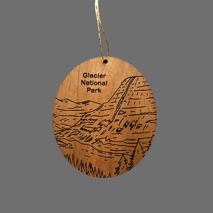 Glacier National Park Ornament - Kintla Lake Mountains Trees - Handmade Wood Line Drawing - Montana Souvenir Christmas Travel Gift