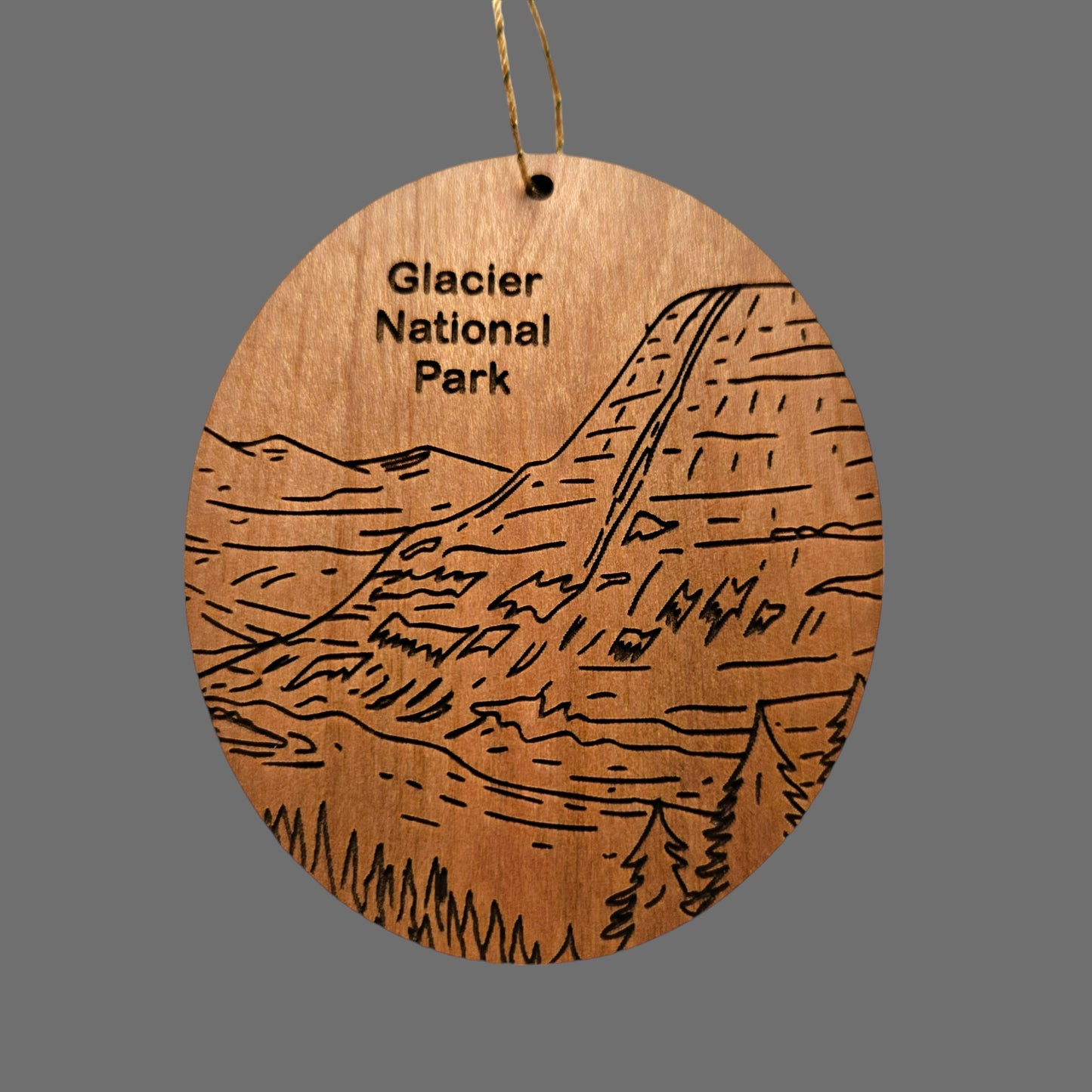 Glacier National Park Ornament - Kintla Lake Mountains Trees - Handmade Wood Line Drawing - Montana Souvenir Christmas Travel Gift
