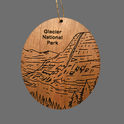 Glacier National Park Ornament - Kintla Lake Mountains Trees - Handmade Wood Line Drawing - Montana Souvenir Christmas Travel Gift