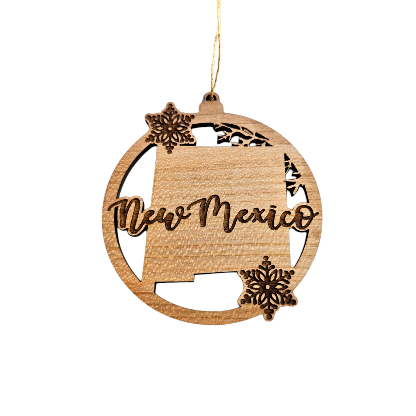 New Mexico Wood Ornament -  State Shape with Snowflakes Cutout NM - Handmade in USA -15431C