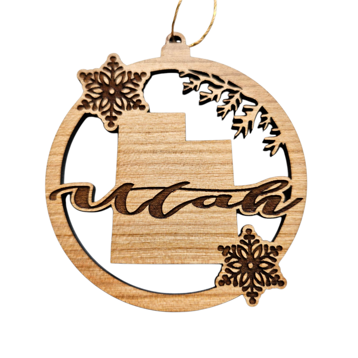Utah Wood Ornament -  State Shape with Snowflakes UT Cutout - 15409