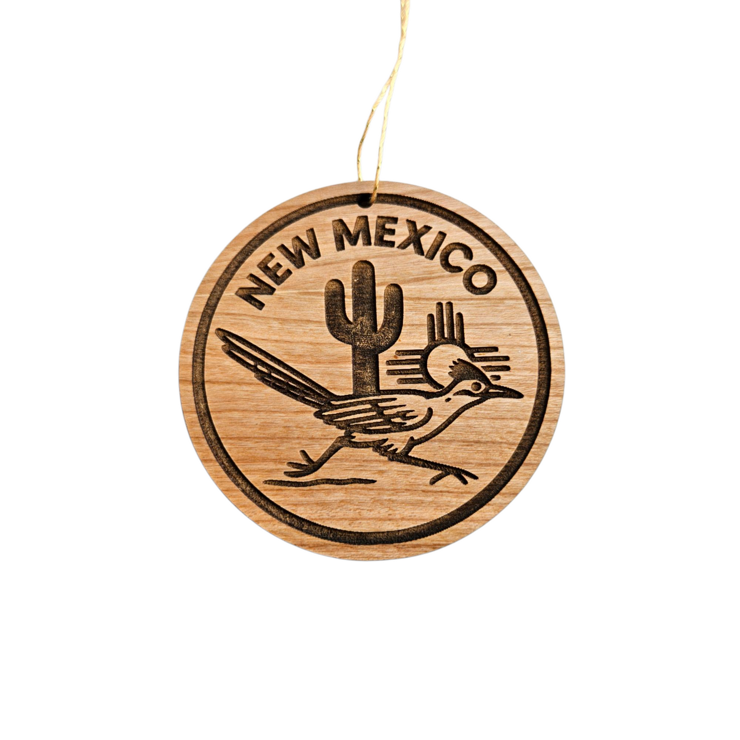New Mexico Wood Ornament -  NM Roadrunner Cactus Zia - Handmade in USA - 15797