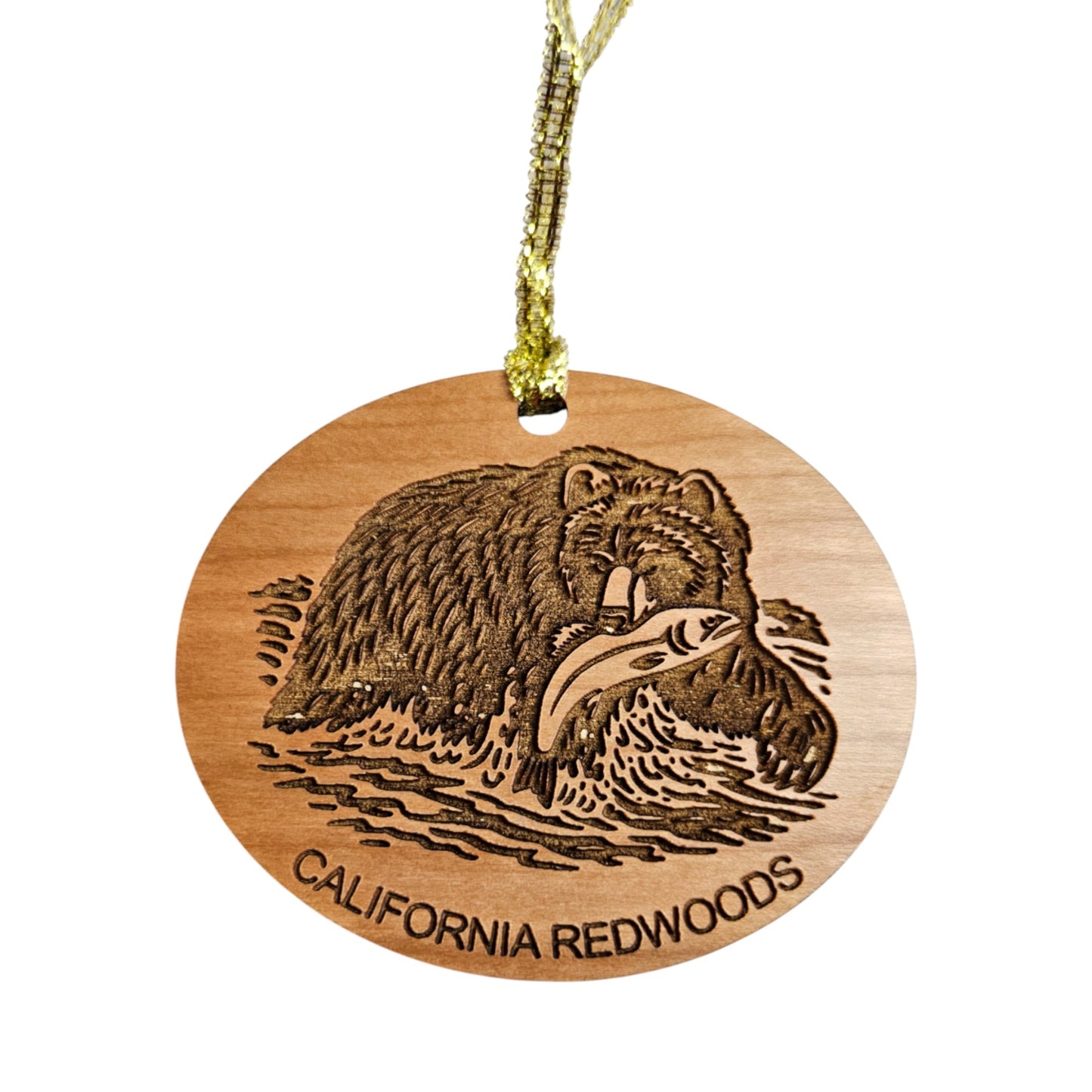 Bear with Fish California Redwoods Ornament - Handmade Wood Souvenir - 15809