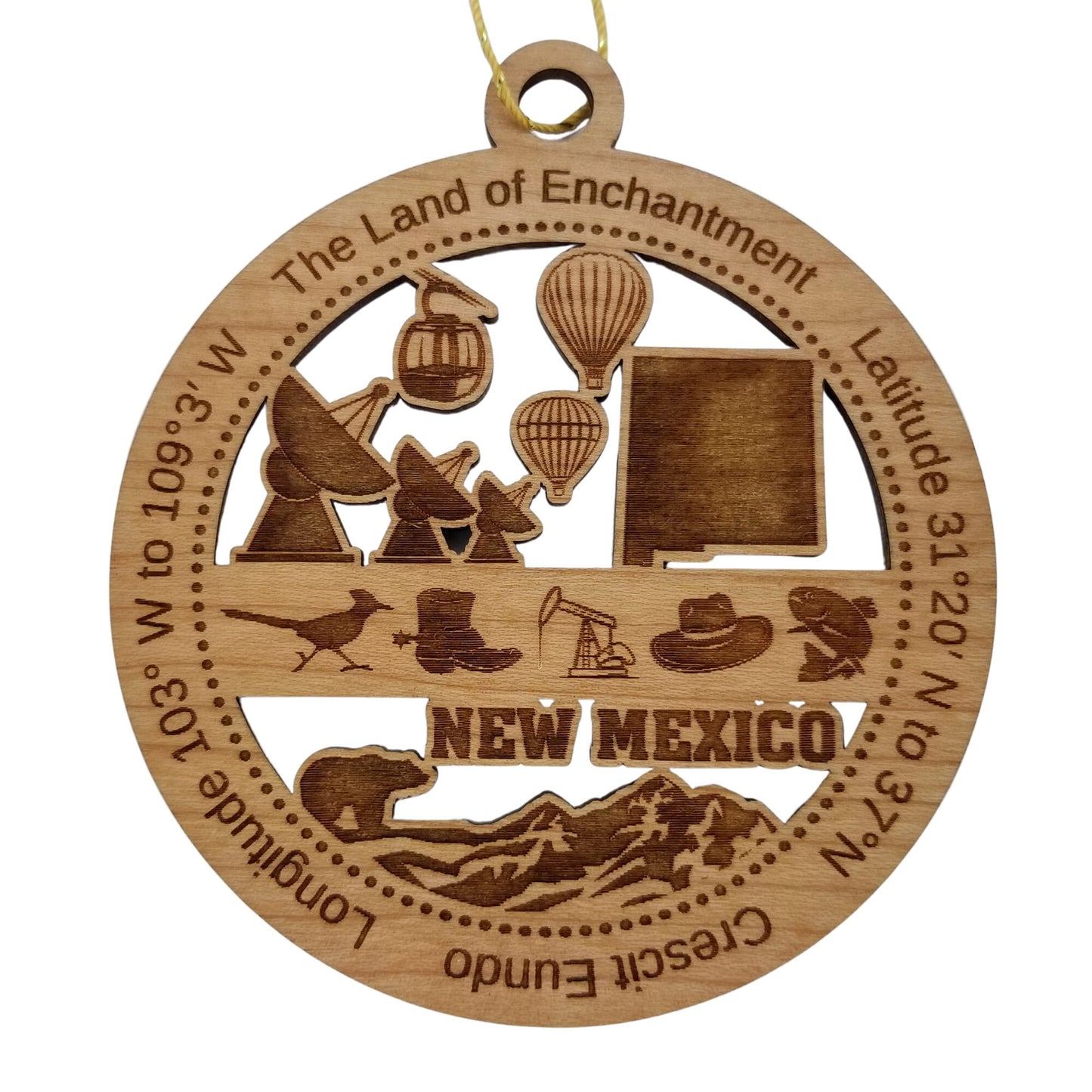New Mexico Wood Ornament -  NM Souvenir - Handmade in USA State Shape Hot Air Balloons Sky Tram Satellites Roadrunner - 15595