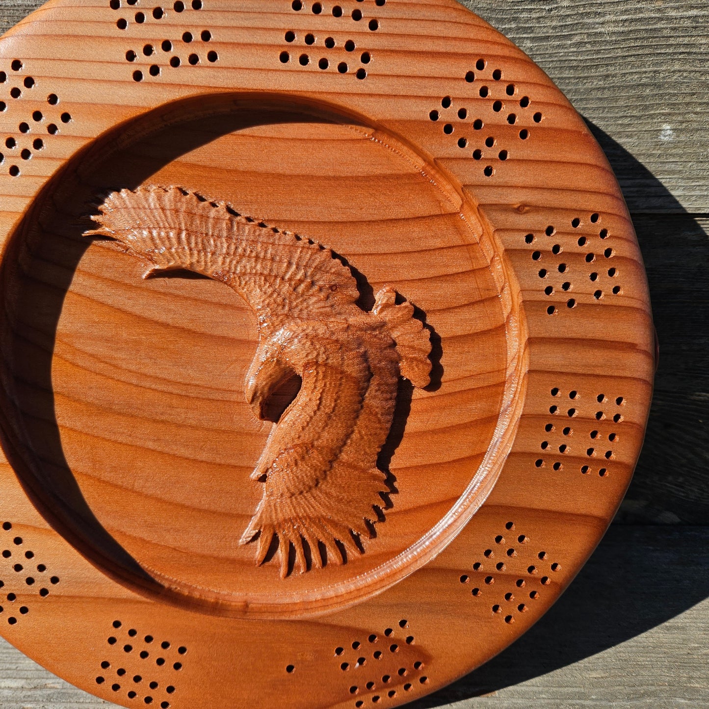 Redwood Round Wood Cribbage Board Carved Eagle Handmade 2 Player USA Card Game California Souvenir #657