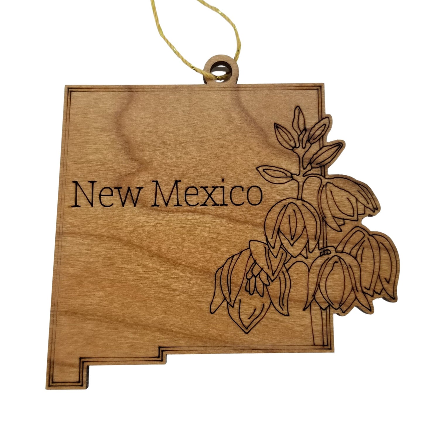 New Mexico Wood Ornament -  NM State Shape with State Flowers Yucca Flower - Handmade in USA - 15540