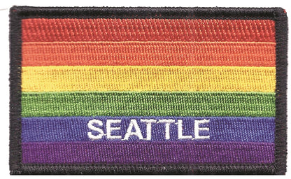 SEATTLE rainbow flag, black border embroidered patch, gay