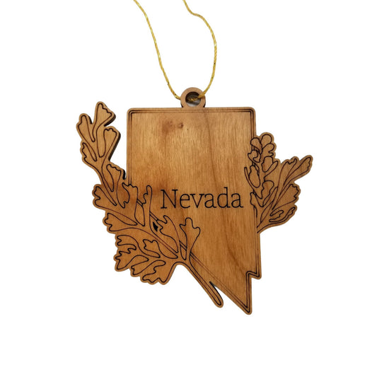 Nevada Wood Ornament -  NV State Shape with State Flowers Big Sagebrush - 15545
